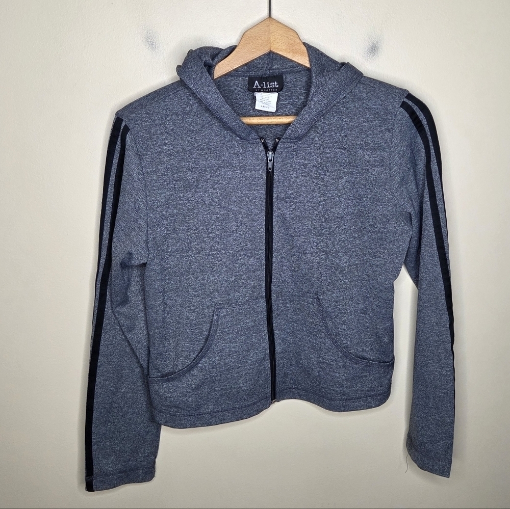 Y2K A-List by Wrapper Gray Zip Hoodie Jacket Black Sleeve Stripes Size Large